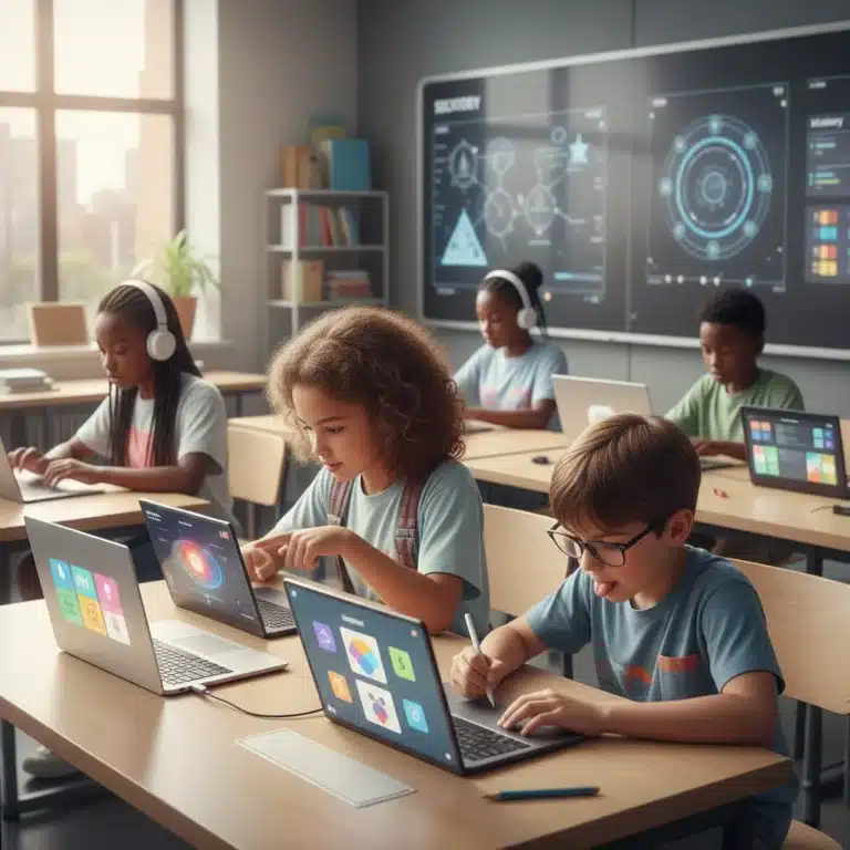 US students using diverse learning apps on digital devices in a modern classroom, highlighting future education.