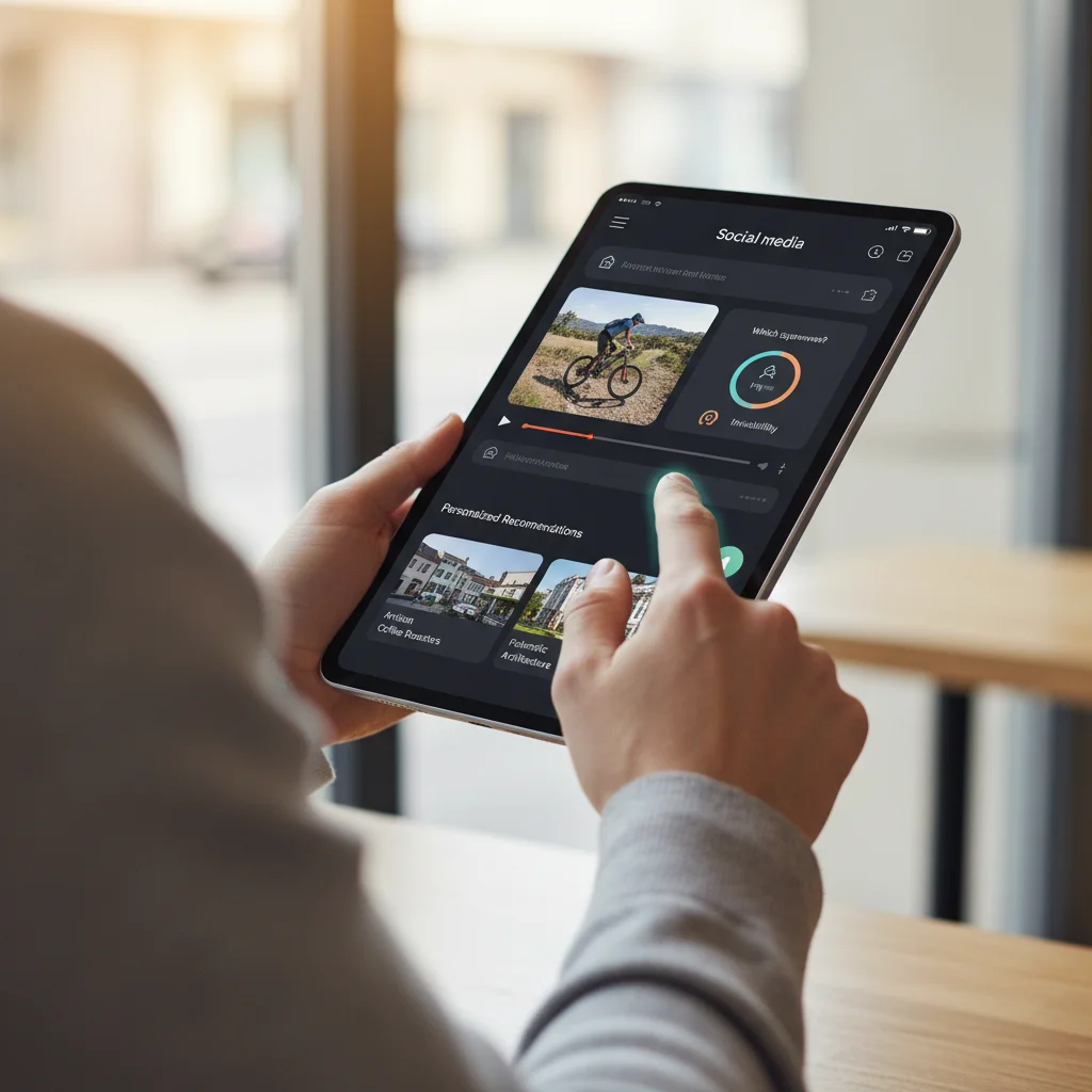 User interacting with a new social media app's minimalist interface on a tablet, showcasing seamless user experience.