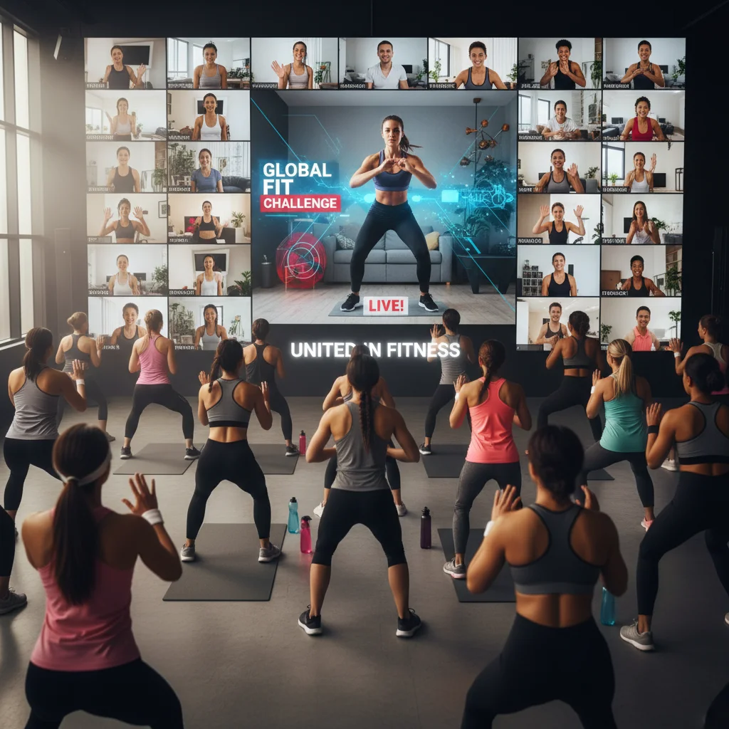 Diverse individuals participating in an online community fitness class through a health app.