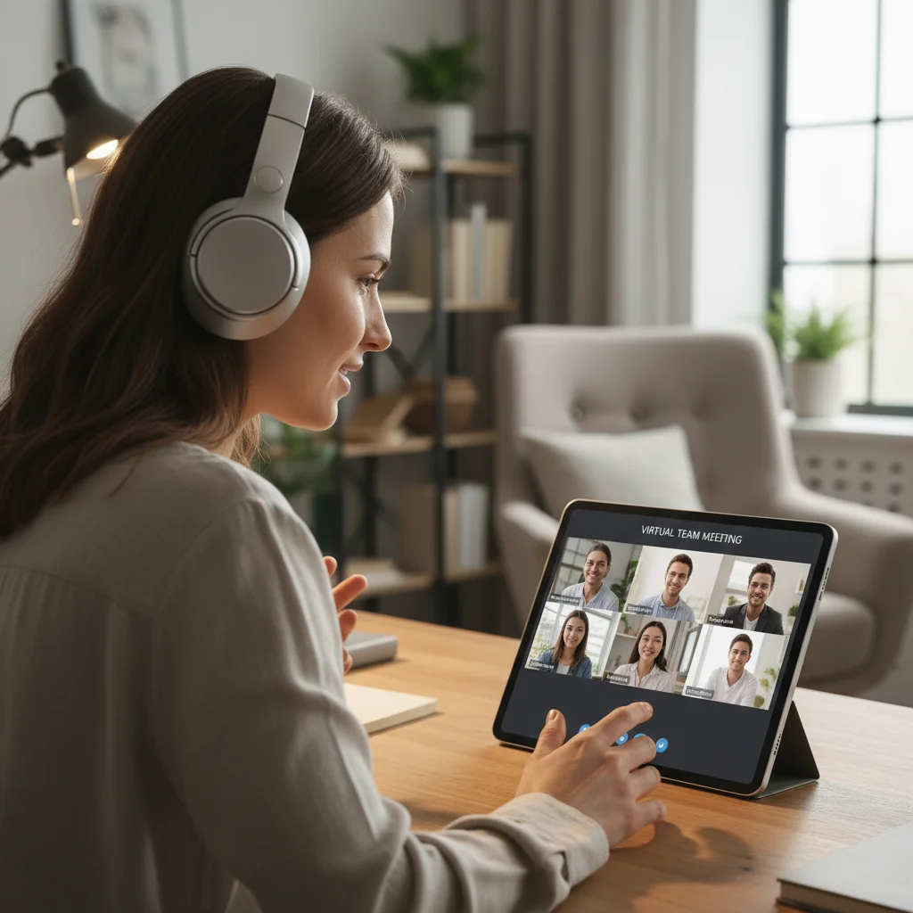 Virtual meeting on a tablet with multiple participants