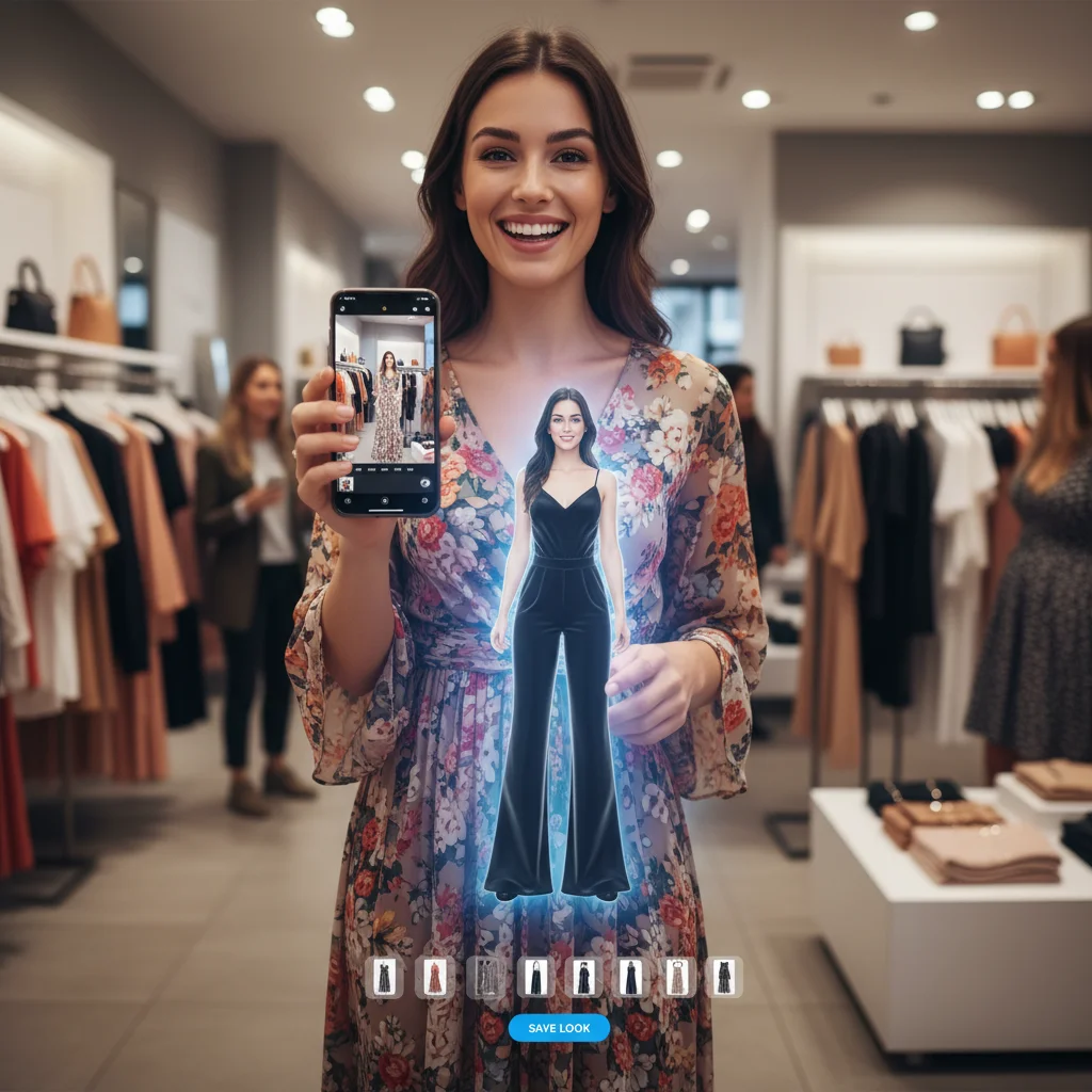 Customer using virtual try-on augmented reality app in a clothing store