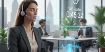 Professional using voice productivity tools in a modern office, saving time.
