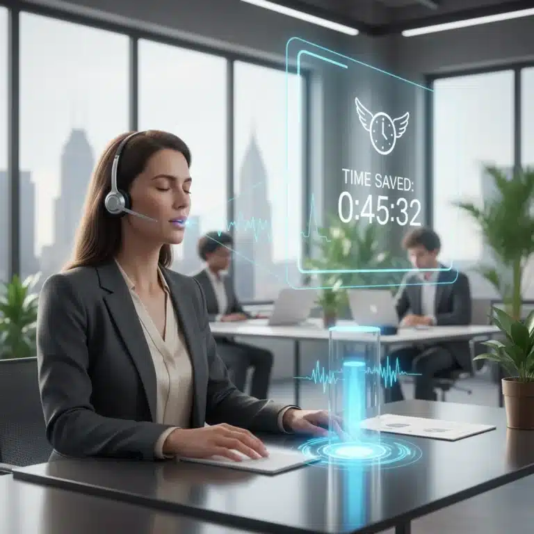 Professional using voice productivity tools in a modern office, saving time.