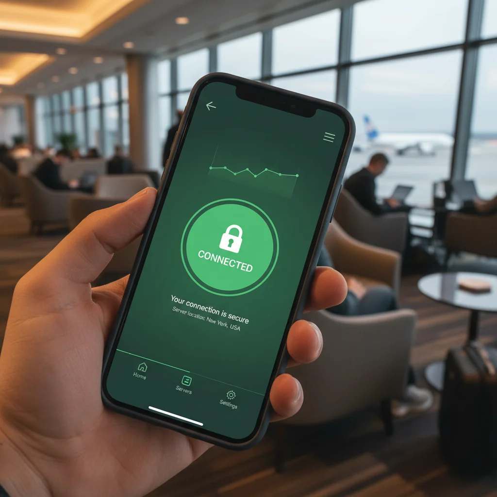 Smartphone screen showing active VPN connection in public