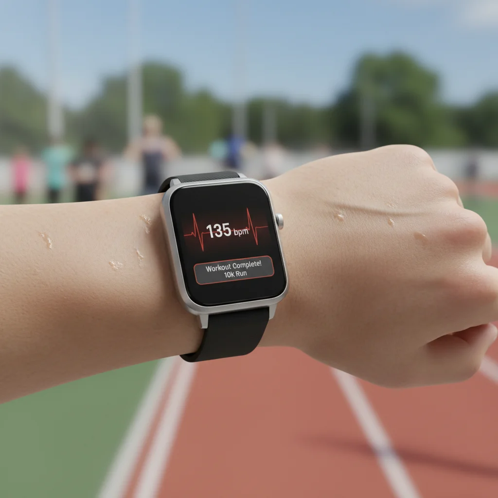 Smartwatch displaying real-time heart rate data from a fitness app during a workout.