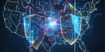 Futuristic smartphone with glowing digital network symbolizing zero-click attack threats and mobile security.