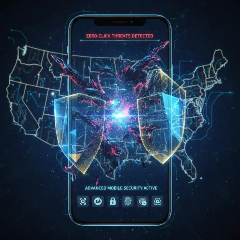 Futuristic smartphone with glowing digital network symbolizing zero-click attack threats and mobile security.