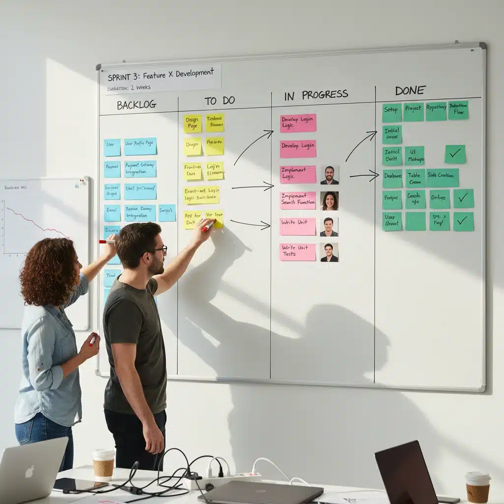 Agile Scrum board with tasks and progress, demonstrating iterative development.