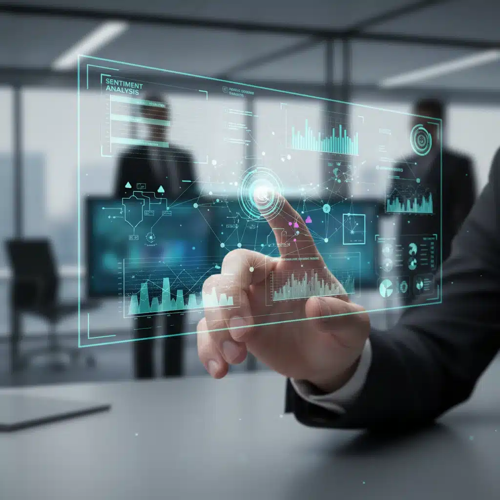 Hand interacting with a holographic AI-powered interface, displaying data and insights.