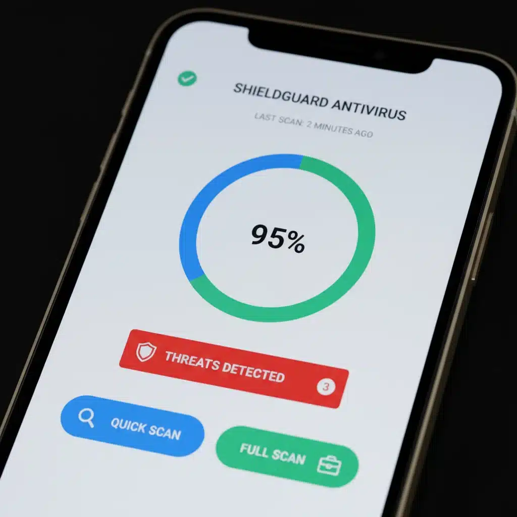Antivirus app dashboard displaying threat detection and scanning options on a smartphone screen.