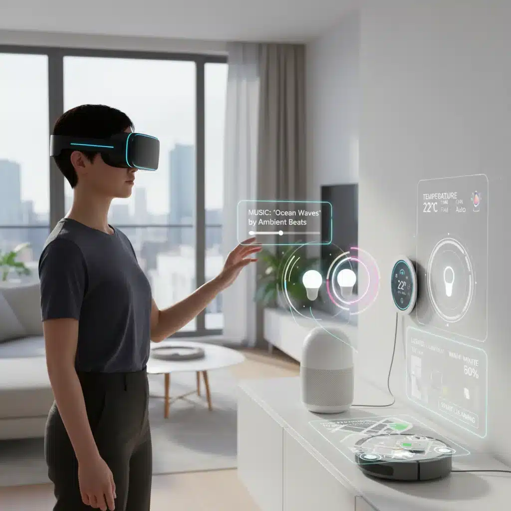 Person wearing an AR headset interacting with smart home IoT devices, showing digital overlays.