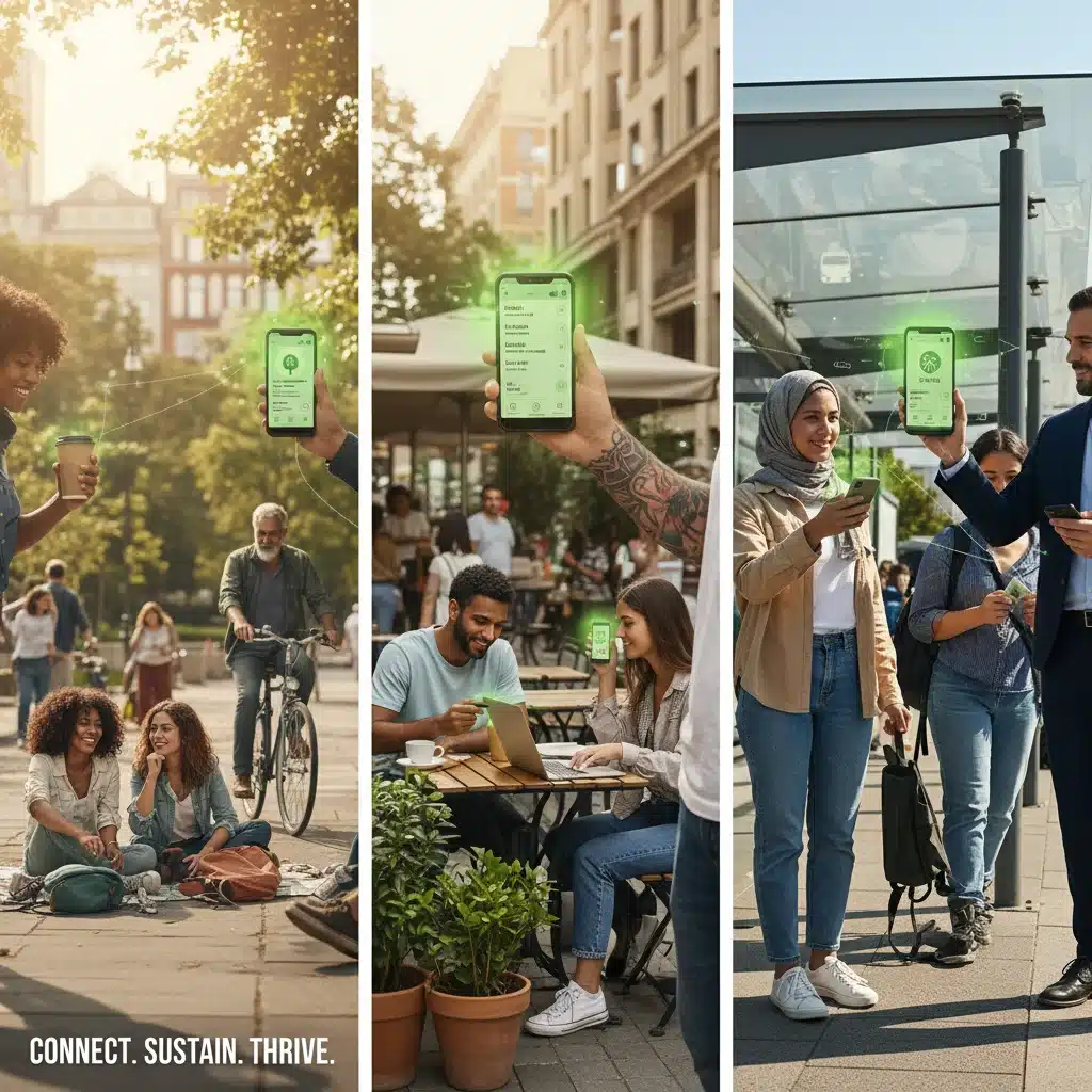 Diverse users engaging with eco-friendly mobile apps in urban outdoor environments.