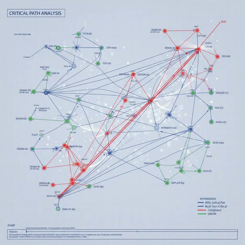 Critical path analysis diagram showing interconnected project tasks and dependencies.