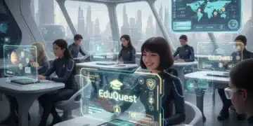 Students engaged with EduQuest educational platform in a modern classroom setting.