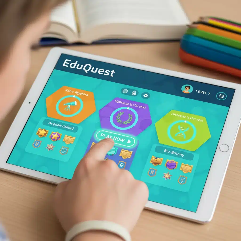 Close-up of EduQuest app interface showing gamified learning and progress tracking.