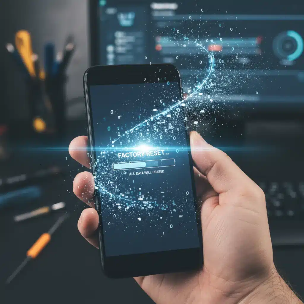 Hand performing factory reset on smartphone, data being wiped, illustrating malware removal.