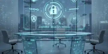 Futuristic digital workspace with robust cybersecurity features for enterprise productivity