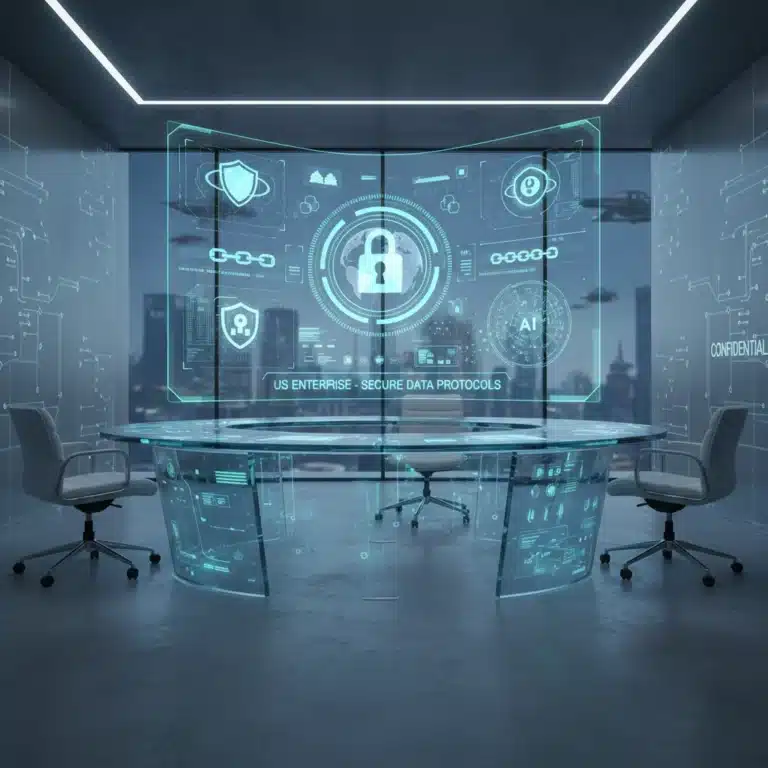 Futuristic digital workspace with robust cybersecurity features for enterprise productivity