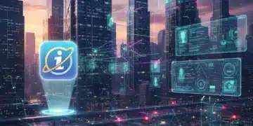 Futuristic city with AI, AR, and IoT digital overlays, symbolizing mobile app innovation beyond smartphones.