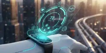 Futuristic smartwatch displaying health data and app interfaces
