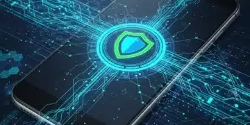 Modern smartphone with digital shield icon representing mobile antivirus protection in 2026.