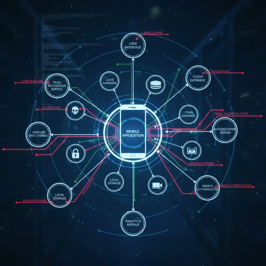 Network diagram showing mobile app data flow and security vulnerabilities.