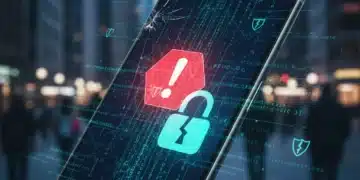 Smartphone with warning symbol, lock icon, and data streams representing mobile app vulnerabilities.