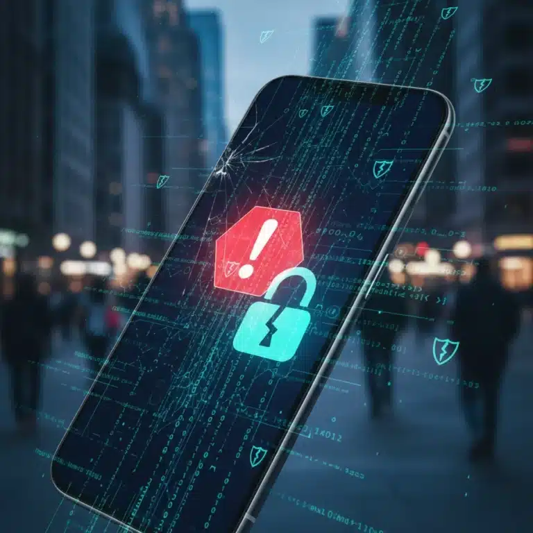 Smartphone with warning symbol, lock icon, and data streams representing mobile app vulnerabilities.