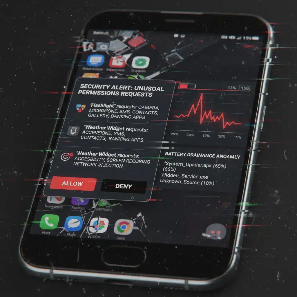 Mobile phone screen showing suspicious app permissions and battery drain, indicating malware.
