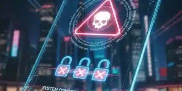 Futuristic smartphone with digital lock and warning, representing mobile malware threats.