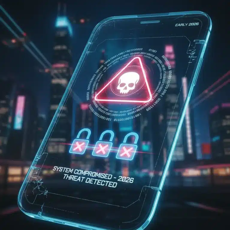 Futuristic smartphone with digital lock and warning, representing mobile malware threats.