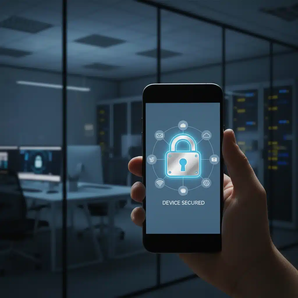 Hand holding smartphone with padlock icon, representing mobile device security.