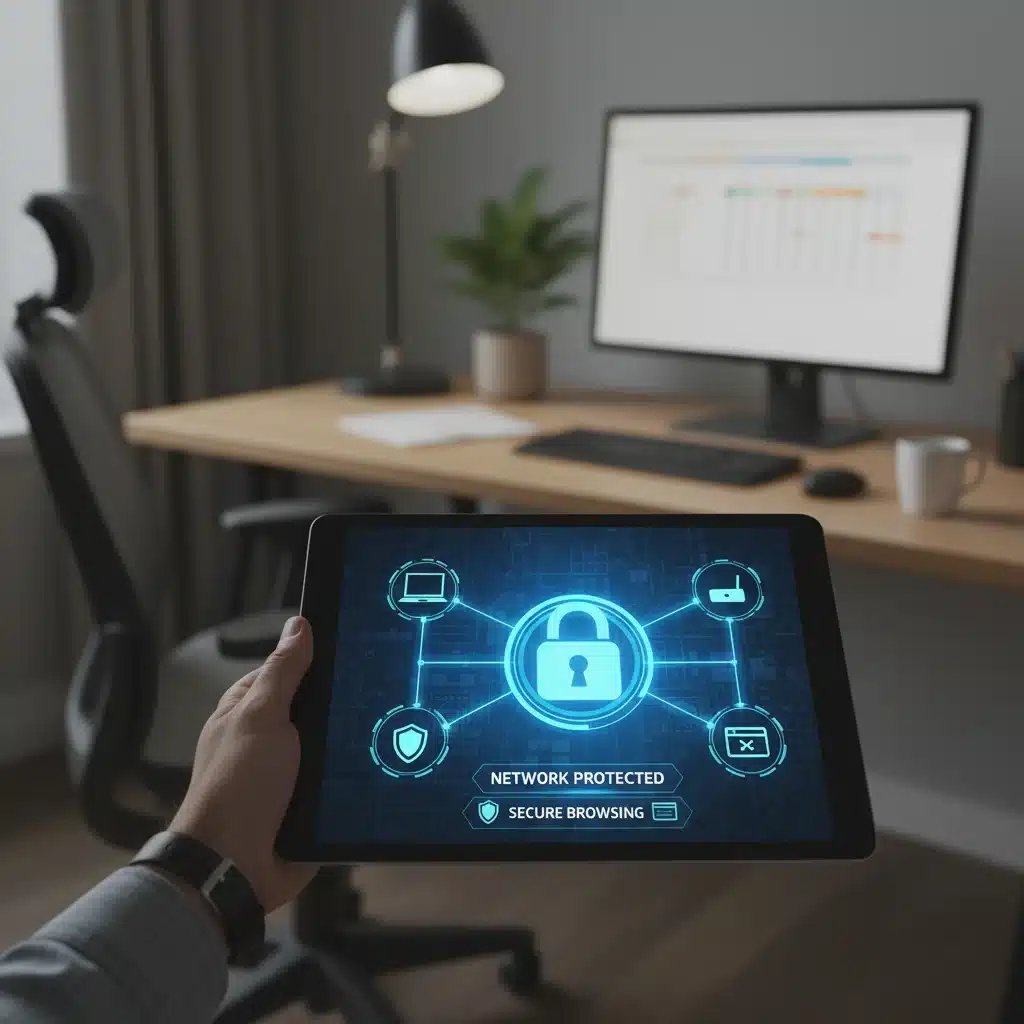 Tablet showing secure network connection and online privacy features with a padlock icon.