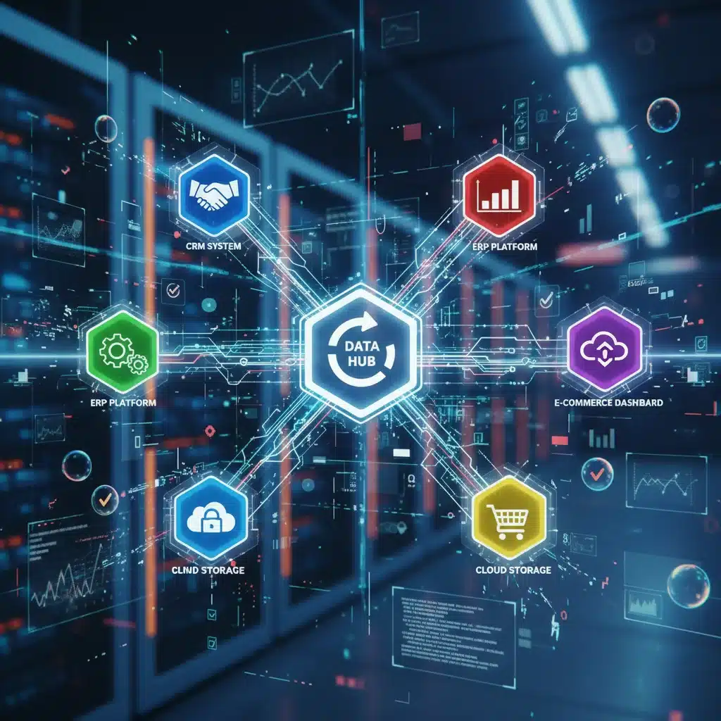 Data flow visualization showing integration between various automated software.