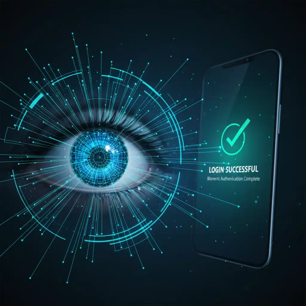 Biometric authentication using iris scan on a smartphone for secure account access.