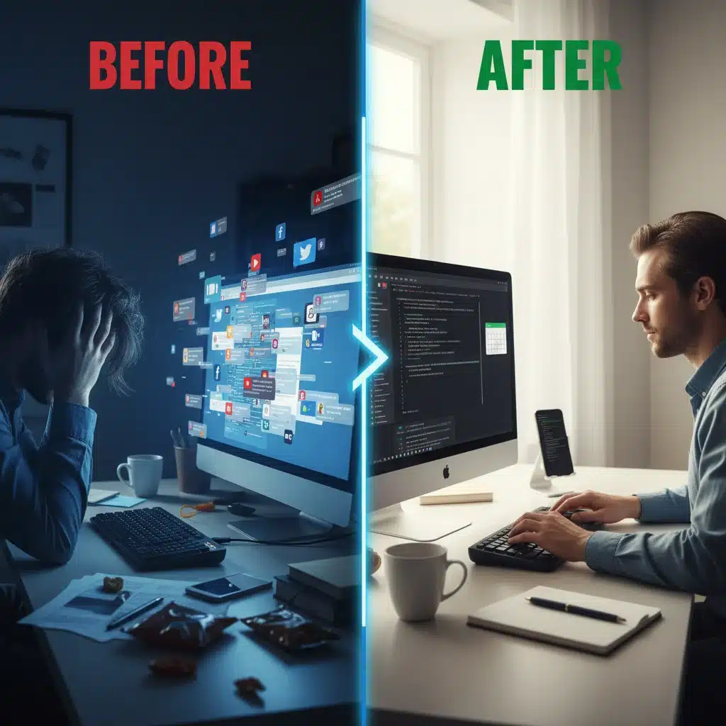 Before and after digital distraction contrast with focus tools