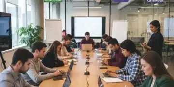 Students and professionals using digital note-taking apps on laptops and tablets