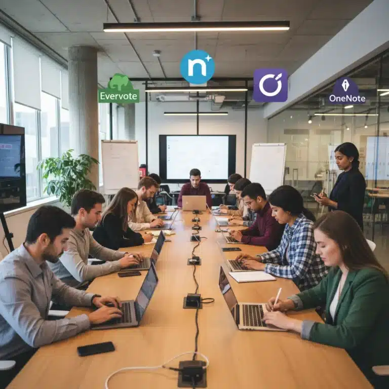 Students and professionals using digital note-taking apps on laptops and tablets
