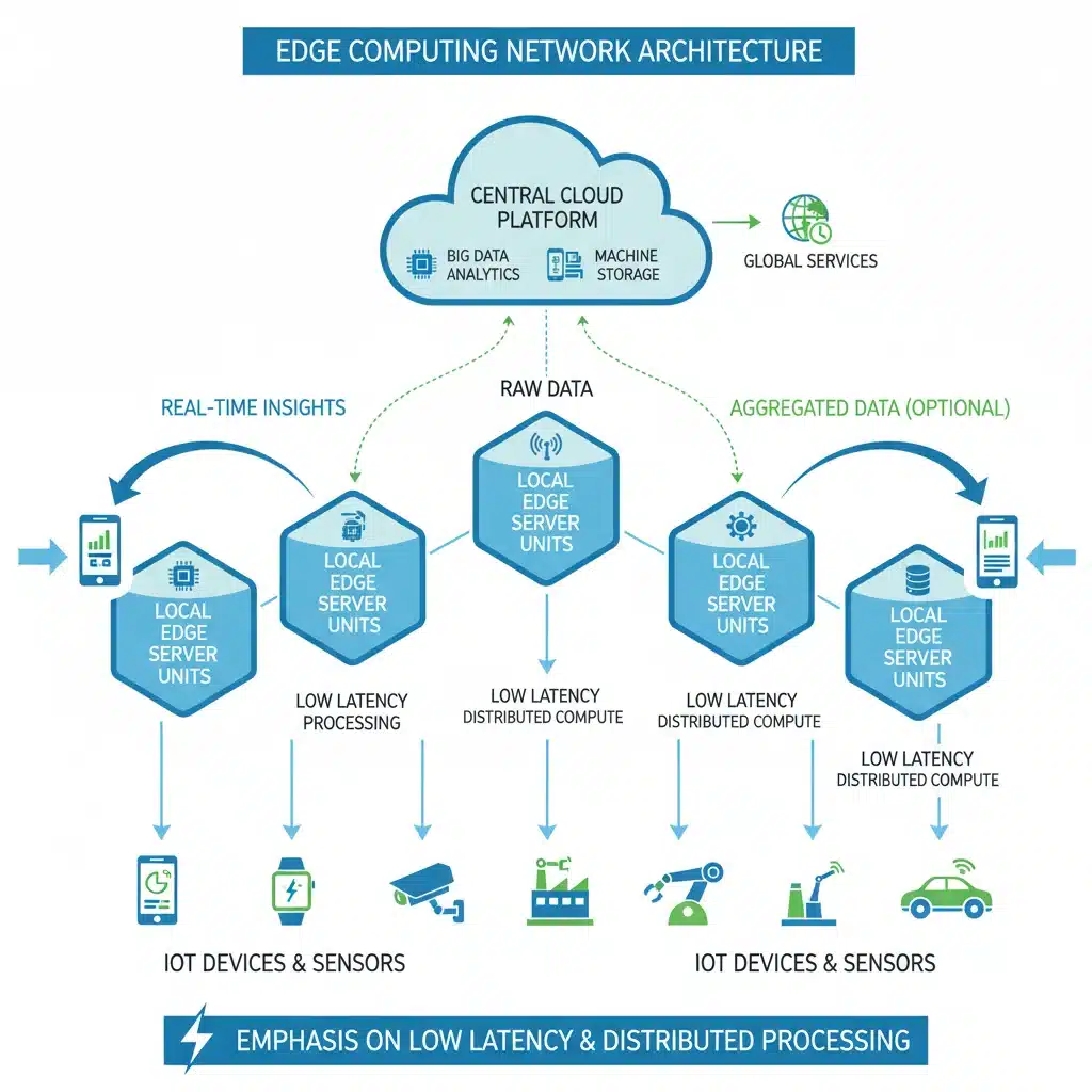 Detailed architectural diagram of an edge computing network with data flow