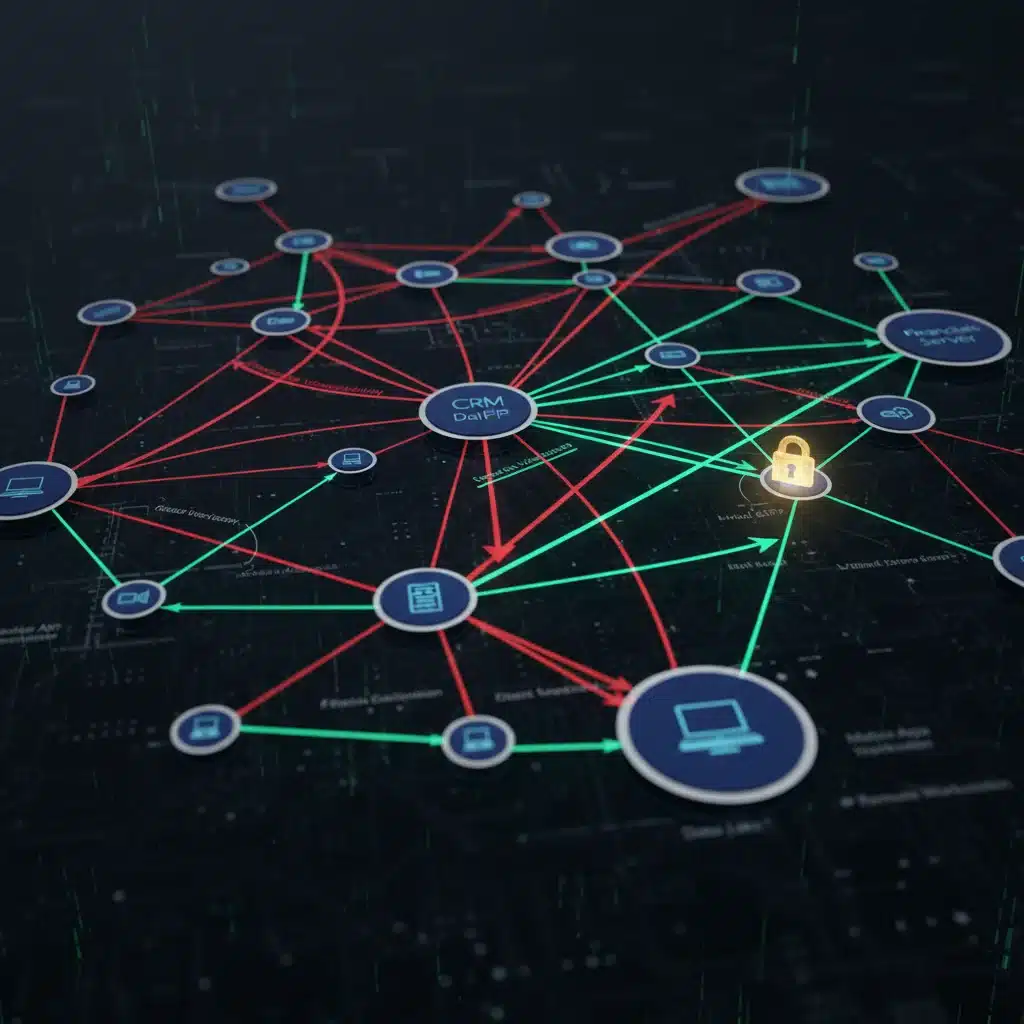 Complex network diagram showing enterprise systems, mobile endpoints, and secure connections.