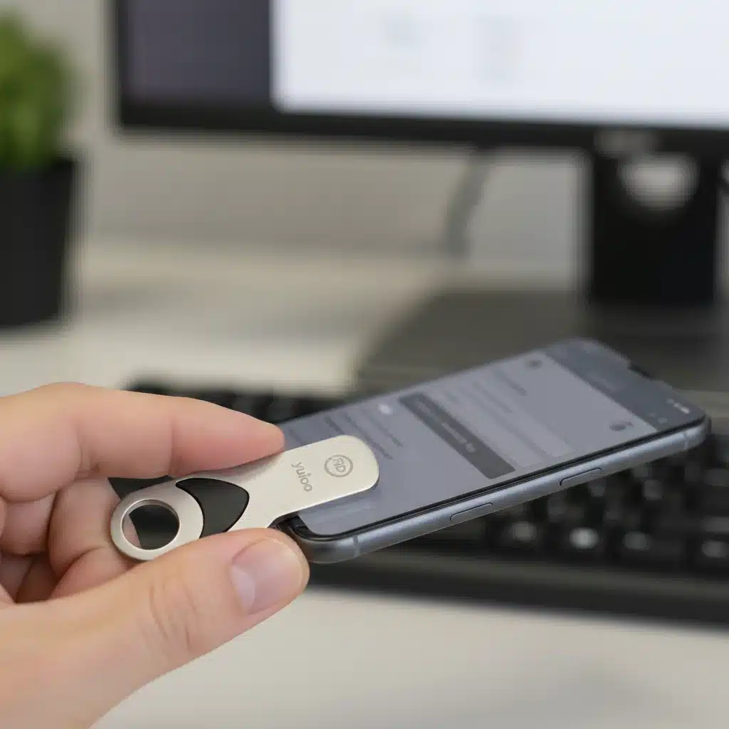Physical FIDO security key connected to a smartphone for enhanced mobile account protection.