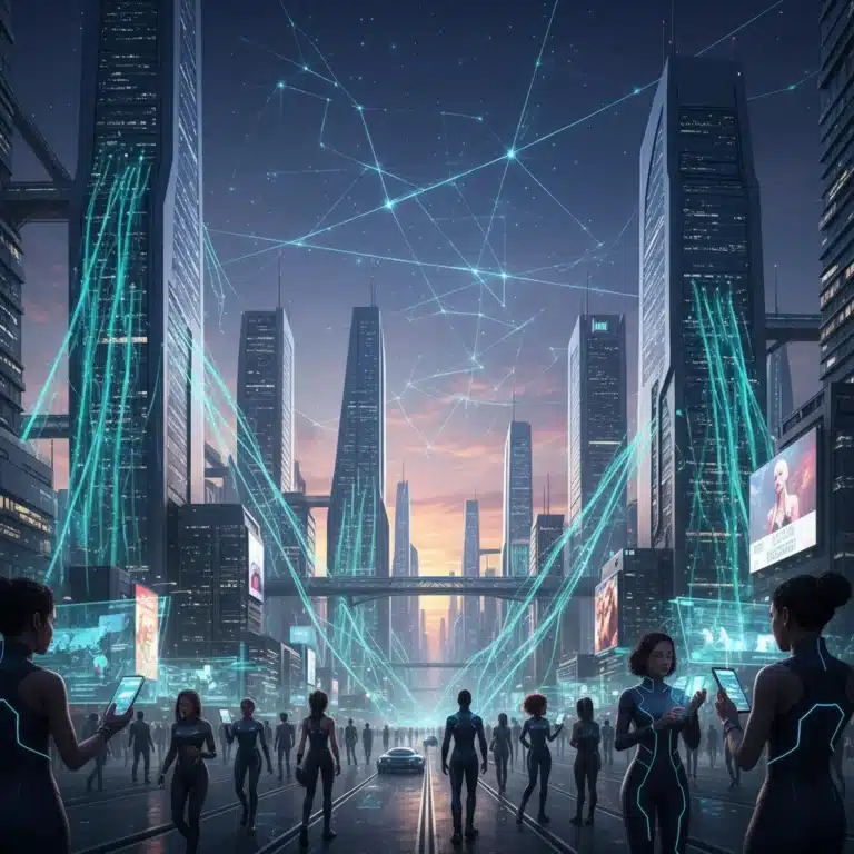 Futuristic cityscape with edge computing data flowing to mobile devices
