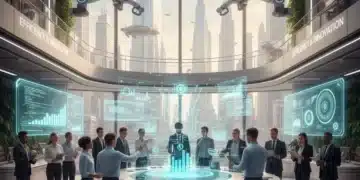 Futuristic office with professionals using automation tools for increased productivity.