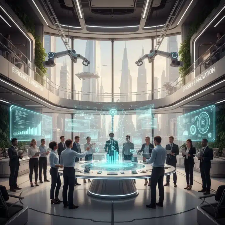 Futuristic office with professionals using automation tools for increased productivity.