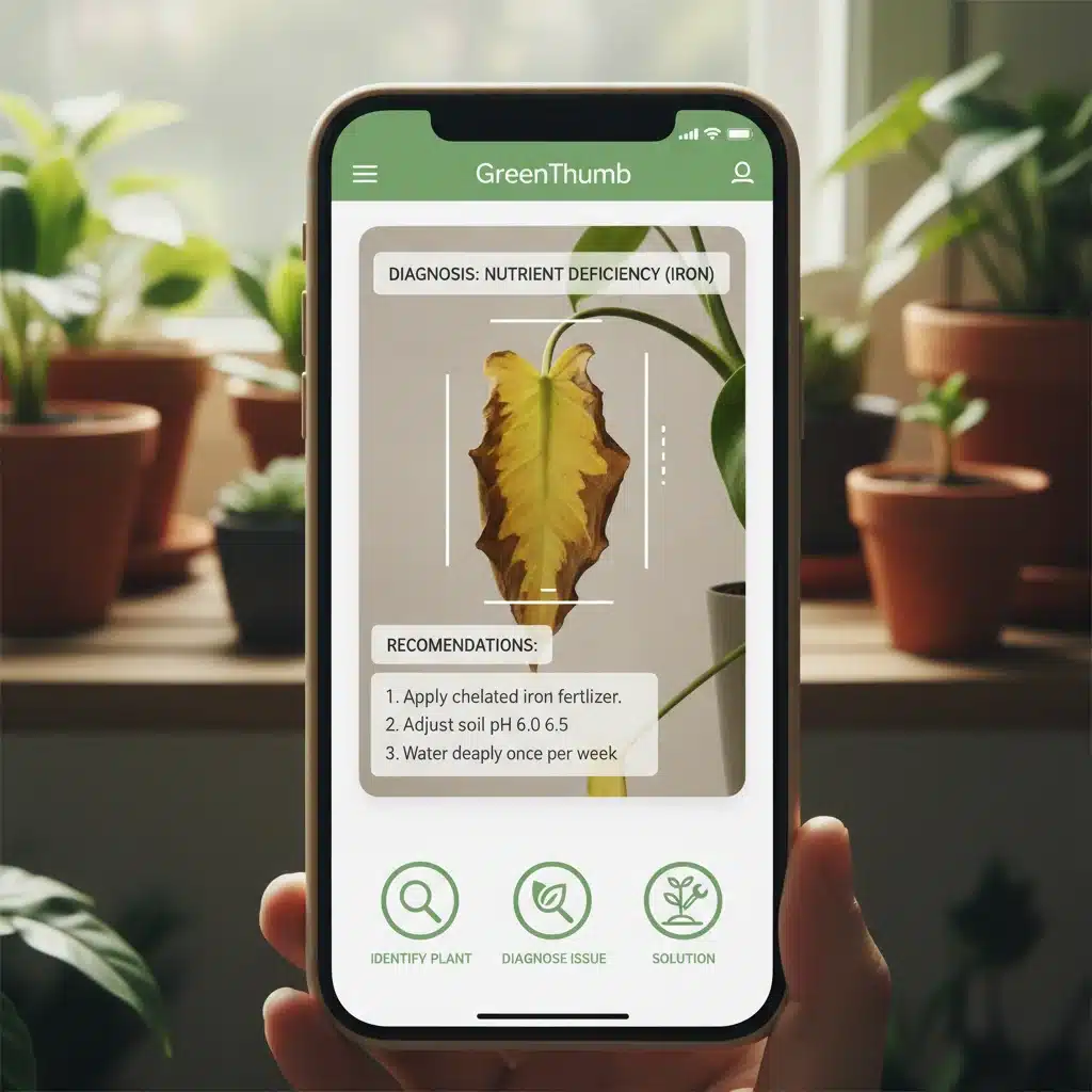 GreenThumb app's AI plant diagnostic tool identifying a plant issue.