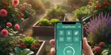 GreenThumb App interface over a beautiful spring garden, showing new features.
