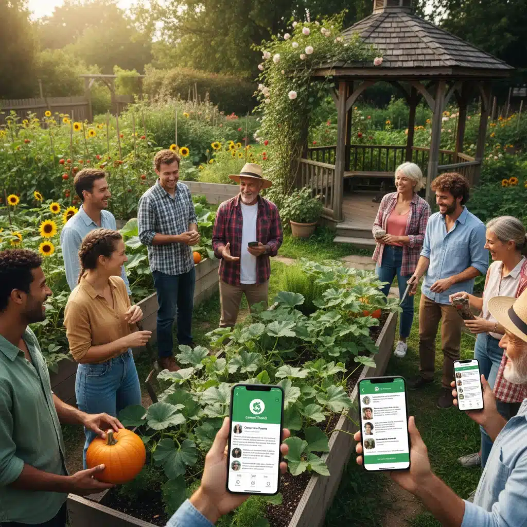 Gardeners using GreenThumb app's community features in a shared garden.