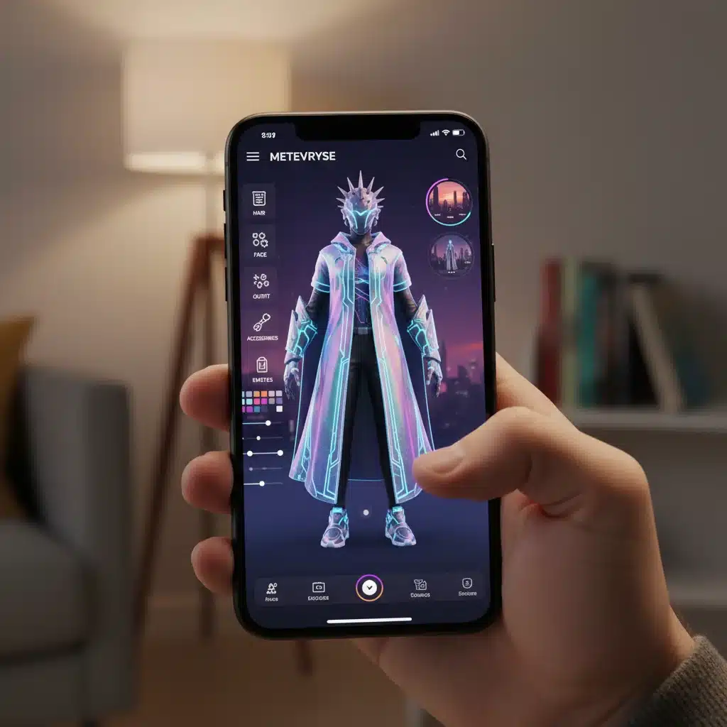 Smartphone displaying a detailed 3D avatar customization interface in a metaverse app.