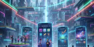 Futuristic mobile interfaces displaying metaverse applications with interacting digital avatars and virtual worlds.