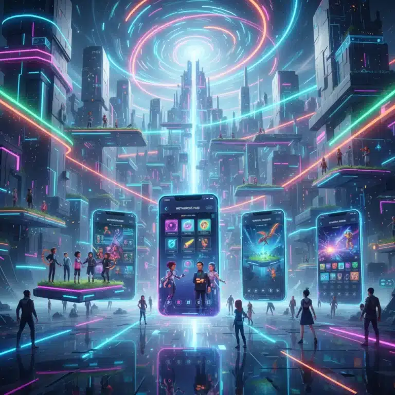 Futuristic mobile interfaces displaying metaverse applications with interacting digital avatars and virtual worlds.